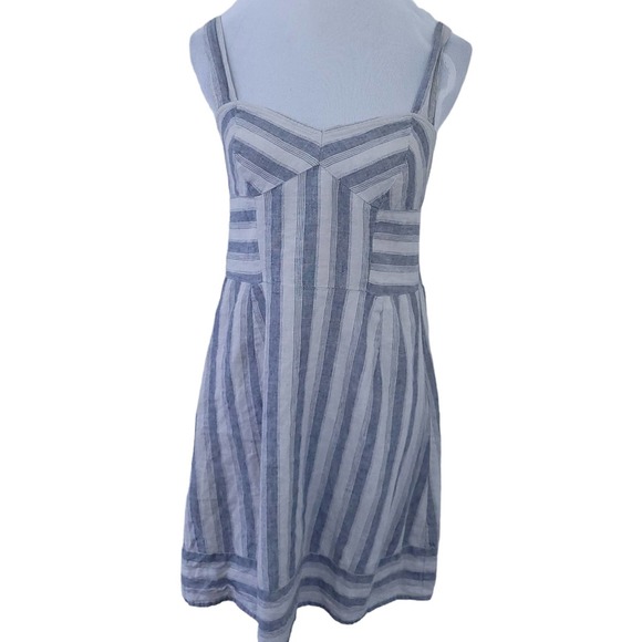Kimchi Blue Linen Cotton Summer Dress Striped Medium Blue/Gray, Smocked Back - Picture 1 of 7